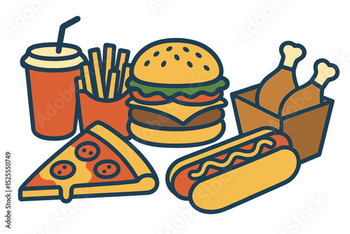 Vector isolated collection of fast food, a set of junk food