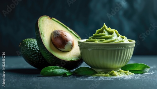 Fresh avocado and avocado spread in a bowl, with leaves in the background. Healthy food, natural ingredients, and nutrition concepts.