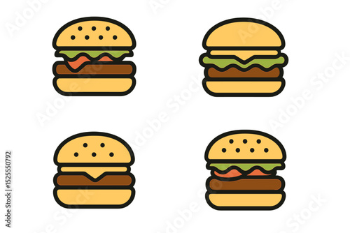 Vector set of burger icons, including a collection of fast food illustrations and various food symbols