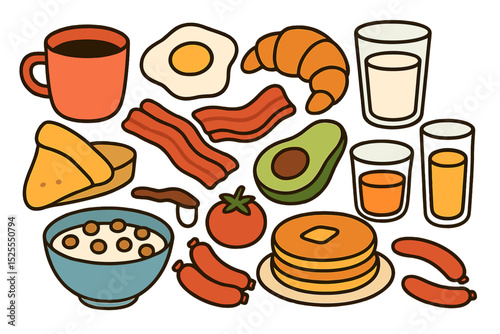 A hand drawn vector illustration of breakfast items including coffee, fried egg, croissant, milk, cereal, bacons, sausages, citrus juice, avocado, tomato, and pancakes, showcasing a variety of