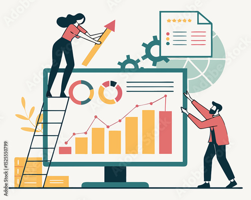 Chart and graph, datum research statistics, inforgraphic financial review, project planning diagram, business information analysis, business people help analyze data on computer monitor dashboard.