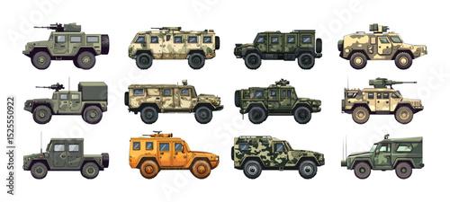 Armored military vehicles cartoon vector set. Trucks tactical transport combat defense machines, protection security forces special ops heavy duty off-road mobility weapon patrol cars isolated art