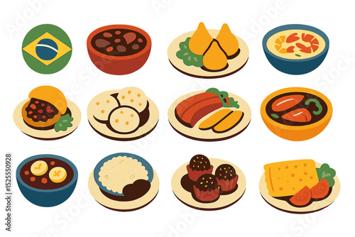 Brazilian cuisine is presented in a big vector set with food in bowls and on plates