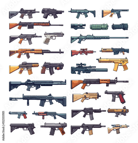 Assault rifles cartoon vector set. Smg military firearms tactical weapons combat gear guns range shooting automatic soldier equipment army gunmetal gray ammo warfare special forces sniper scope