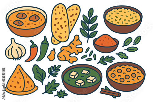 Illustration of hand-drawn Indian cuisine dishes and ingredients, shown as isolated objects in a vector format