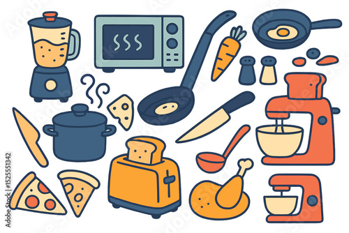 Hand drawn vector illustrations of kitchen gadgets and various food items