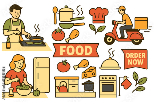 Vector illustrations depicting food, cooking, and delivery are presented in a set, featuring diverse kitchen settings, kitchen utensils, and ornamental details