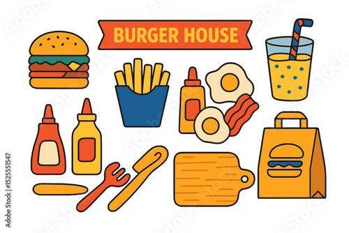 A burger house's menu set is represented through modern flat vector concept illustrations, featuring items like cheeseburger, French fries, lemonade, condiments, eggs, bacon, cutlery, cutting boards