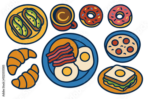 The breakfast menu features an assortment of tasty and nutritious dishes, such as avocado toasts, americano coffee, doughnuts, pancakes accompanied by bacon, eggs, and sandwiches, as well as oatmeal