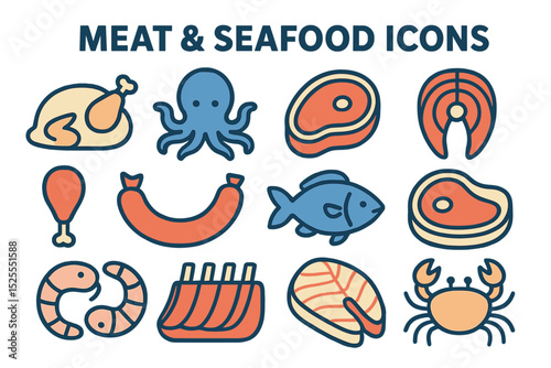 The Meat and Seafood Editable Icons set offers a collection of vector illustrations in a modern thin line style, including pictograms for chicken, octopus, beef, and more, ideal for mobile app design