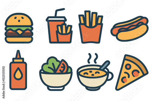 Flat line icons for fast food items such as burgers, combo meals, fries, hot dogs, condiments, salads, soups, and pizzas are offered as vector illustrations suitable for restaurant menus, featuring