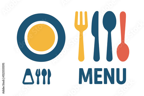 The icon set for a cafe includes symbols for food, fork, knife, spoon, plate, and menu, covering breakfast, lunch, and dinner