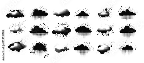 Clouds with distortion black ink vector set. Sky fluid puffs motion soft swirls digital atmosphere trippy effect vaporwave style surrealism hazy glow cosmic flowing forms, monochrome isolated art