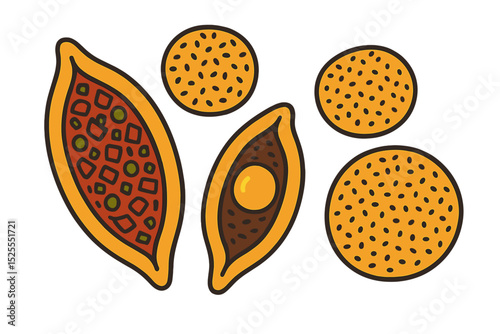 Turkish pie pide and sesame bun are showcased in a top view vector set of Turkish national food