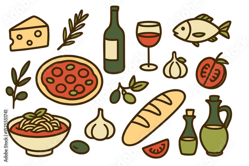 Mediterranean cuisine is depicted in a minimalist style through hand-drawn food and drink illustrations, set against a white background