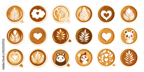 Coffee cups creamy foam latte art cartoon vector set. Heart bear panda shapes leaf swirl patterns rosette cappuccino sketches steamed milk artistic toppings rustic caffeine beans brew mugs isolated