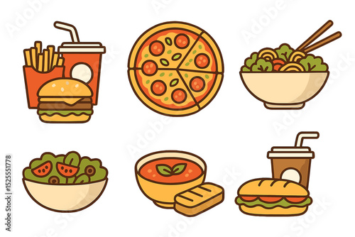 Fast food items, comprising meals and snacks from American, Italian, and Asian cuisines, are showcased, including lunches of burgers, pizzas, salads, soups, and beverages, illustrated as flat