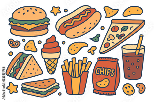 Depict a variety of fast food items, such as hamburgers, hot dogs, sandwiches, and snacks, along with chips, ice cream, cola, and pizza, in a hand-drawn fast food vector set