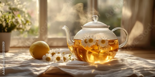Aromatic chamomile tea steeping in a clear teapot with lemon and daisies nearby