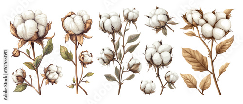Cotton plants cartoon vector set. White fluffy balls green leaves agricultural field natural fibers farming organic harvest season soft texture rural textile fabric handpicked isolated flowers