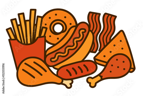 Unhealthy food choices like sea food, fast street food, fries, pastries, hot dogs, bacon, and meat are prevalent, including multiple types of fries