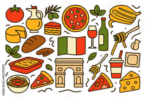 Italian food themed vector set comprising various items and symbols