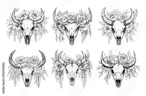 Cow skull floral arrangement black ink sketch vector set. Bull bone horns boho dried flowers southwestern wild blossoms natural cattle remain head earthy western symbol, isolated on white background