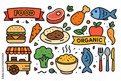 A vector illustration concept features signs and icons for meals, organic diets, street food, eating, and gastronomy with editable strokes