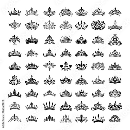 Crowns diadem black silhouettes vector set. Regal monarch sovereign noble majesty prince king princess queen ruler circlet lord empress highness coronet duchess symbols, isolated illustrations
