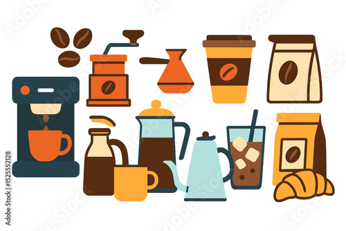 A set of coffee elements features various items such as a machine, brewing tools, accessories, paper cups, glasses, beans, bags, bakery, coffeehouse equipment like a grinder, cezve, and kettle, all