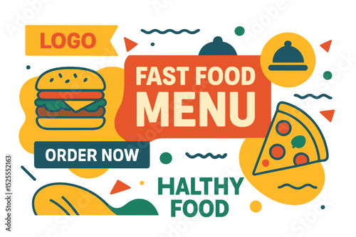 A web banner template for social media marketing of fast food restaurants, featuring a logo and icon, is suitable for promoting pizza, burger, and healthy food businesses with an abstract background