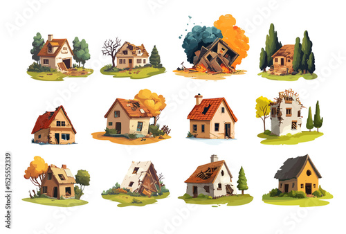 Earthquake destroyed houses cartoon vector set. Cracked walls rubble broken roofs dust clouds debris damage collapsed buildings, disaster zone urban destruction natural catastrophe wreckage piles