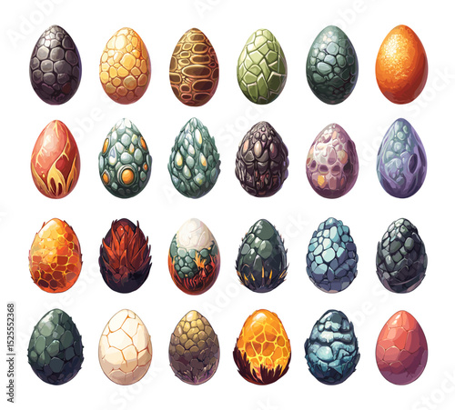 Dragon eggs cartoon vector set. Serpent thorns reptile shells stone rock lava magic bird mystical lizard fantasy living creature animals orbs, illustrations isolated white background
