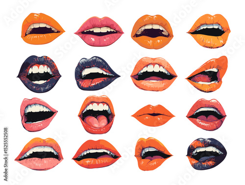 Expressive mouths lips cartoon vector set. Emotional sensual curves lipstick biting lower lip glossy shine open smile whispering secrets humanity teeth passionate illustrations isolated on white