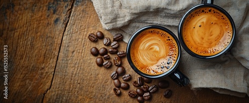 Aromatic coffee break: two cups of rich espresso on rustic wooden table