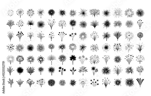 Fireworks explosions night sky black vector set. Celebrations sparkling lights festive atmosphere sparks new year dazzling pyrotechnic bursting rockets glittering trails illustrations isolated