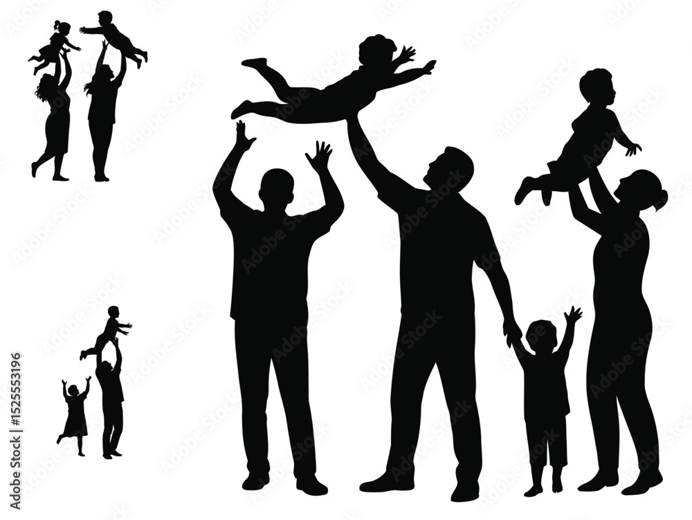 Obraz premium Vector set of silhouette of mother father and children playing, special children's day concept