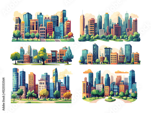 Green city landscapes cartoon vector concepts. Trees urban downtown buildings cityscapes high towers skyscrapers skyline, eco metropolitan megapolis streets isolated illustrations on white backdrop