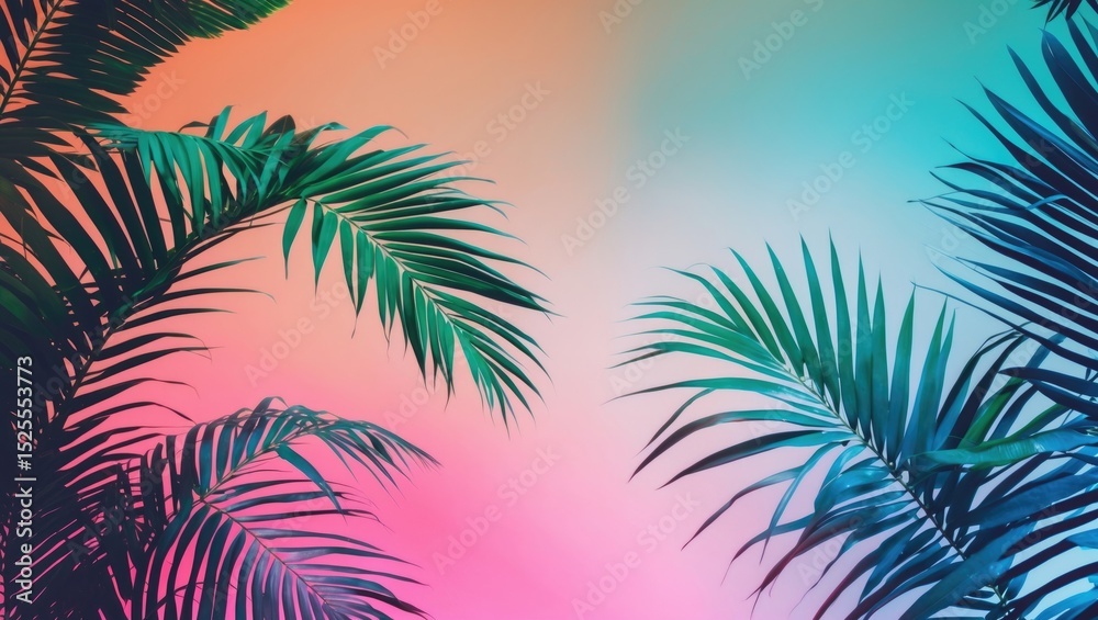 Fototapeta premium Colorful tropical palm leaves against a vibrant pastel gradient sky.
