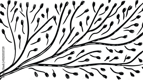 Stylized black and white drawing of branches with small buds or seed pods in a pattern design