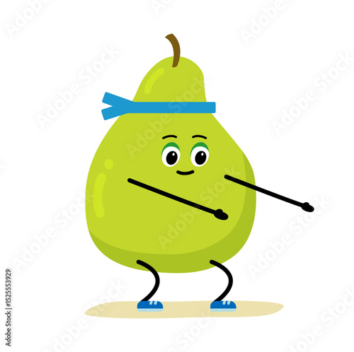 Cute strong pear character meditate in yoga pose. Cartoon pearn gym, health, fitness yoga meditate concept. isolated clipart. Vector illustration .