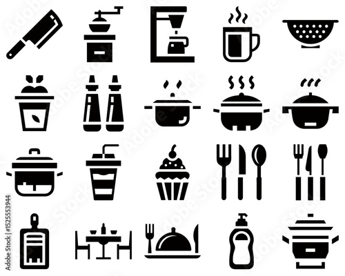 Cooking and food item icons set in black silhouettes