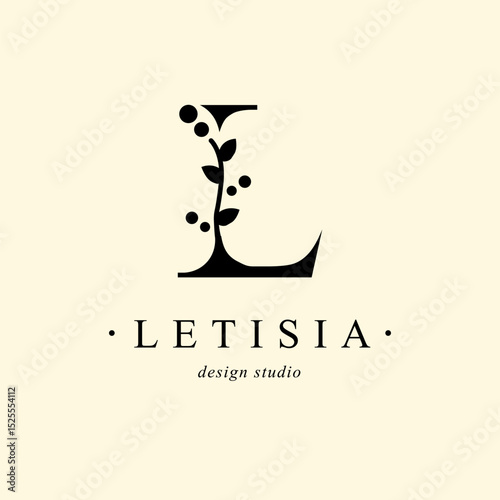Logo, capital letter L. Monogram of Botanical Minimalistic, Initial. with Organic Plant Elements. Vector design. for tattoo studio