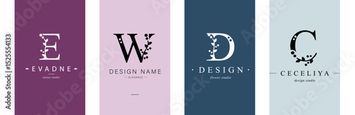 Logo E, W, capital letter D, C. Monogram of Botanical Minimalistic, Initial. with Organic Plant Elements. Vector design. 