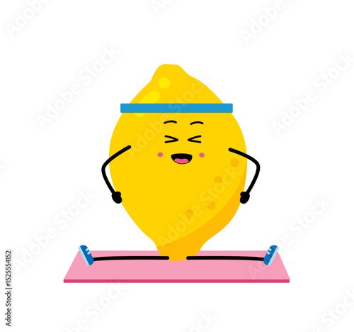 Cute strong Lemon character meditate in yoga pose. Cartoon Lemon gym, health, fitness yoga meditate concept. isolated clipart. Vector illustration .