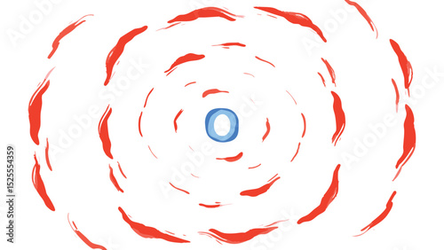 Concentric arrangement of red brushstrokes around a blue center on a white background pattern design
