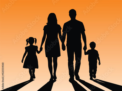 Silhouette of father and mother and child walking hand in hand, silhouette of a family walking, stroll