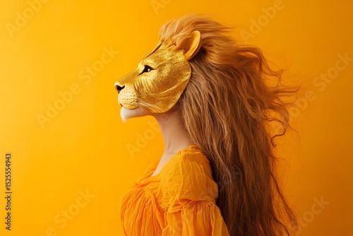 Profile of model wearing majestic golden lion mask and flowing hair, posing against vibrant orange backdrop