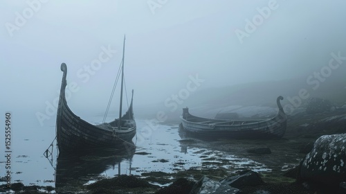 Ancient viking longships in misty fjord with dramatic fog and moody atmospheric lighting