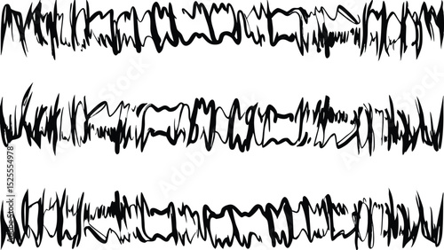 Three horizontal lines of black brushstrokes creating an abstract and chaotic visual pattern on white 100
